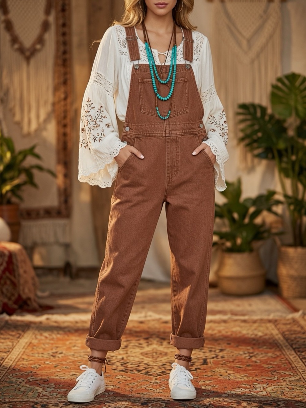 NEW NWT Boho dusty red Denim Women's Overalls XL western hippie